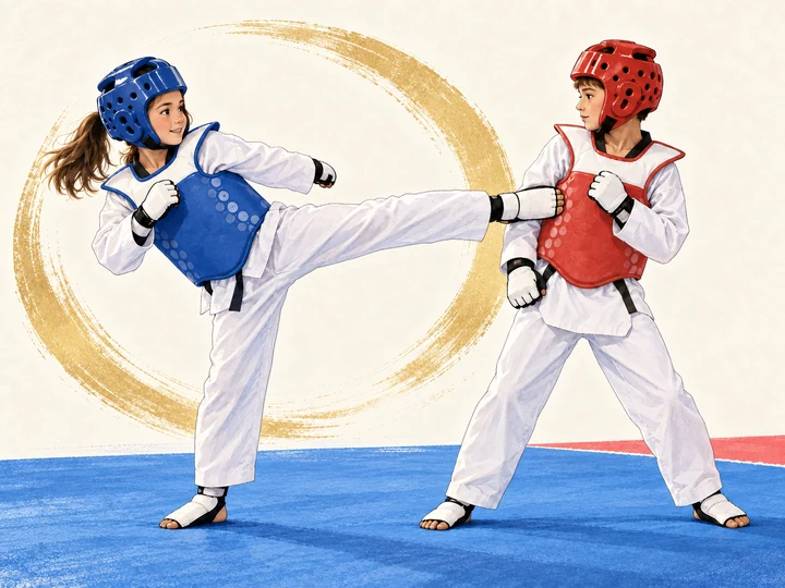 Illustration: Zwei junge Taekwondo-Sportler in blauer und roter Schutzausrüstung üben einen kontrollierten Tritt zum Brustschutz.