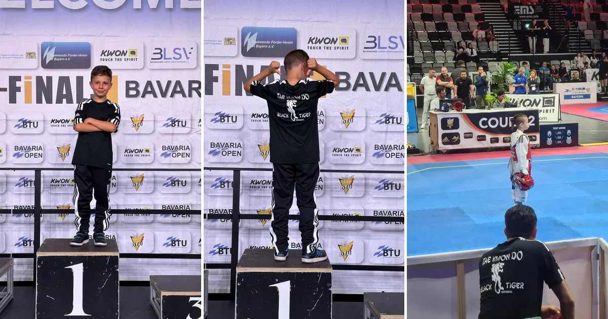 Drei Wettkampfbilder von Black Tiger bei den Bavaria Open 2023 mit Podest- und Kampfszenen