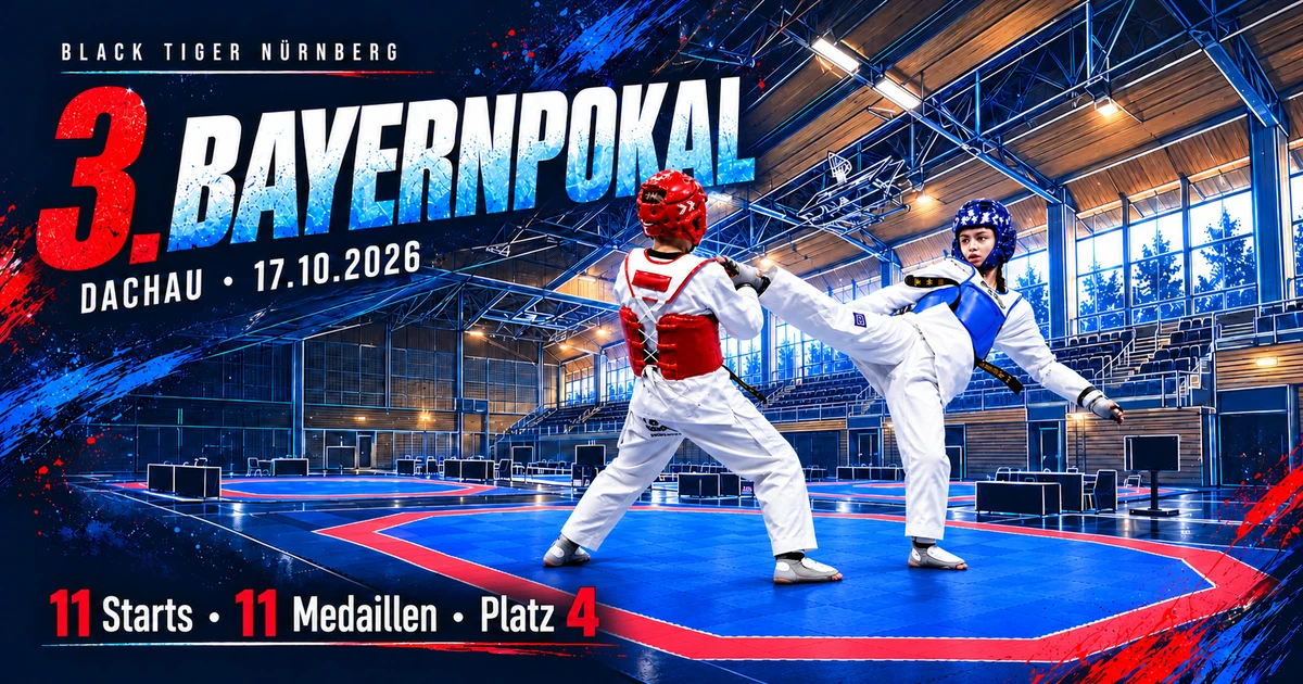Bayernpokal in Dachau: zwei Taekwondo-Athleten auf einer achteckigen Kampffläche in einer gestalteten Hallenillustration.