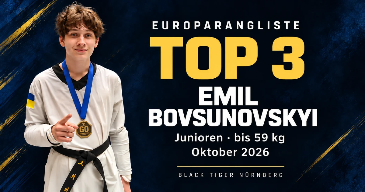 Emil Bovsunovskyi mit seiner German-Open-Medaille. KI-bearbeitete Titelgrafik zur WTE-Rangliste, Oktober 2026.