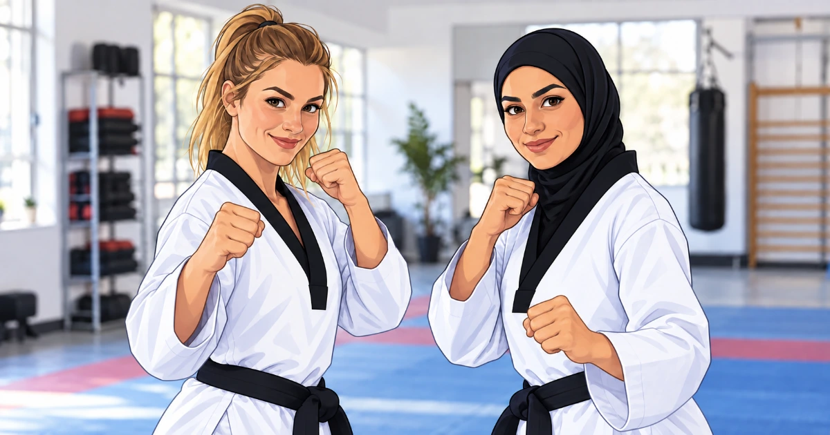 Zwei Frauen im Dobok trainieren gemeinsam, eine mit dunklem Sport-Hijab.