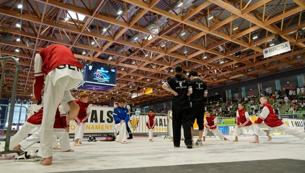 Sportler trainieren gemeinsam auf der Wettkampfmatte.