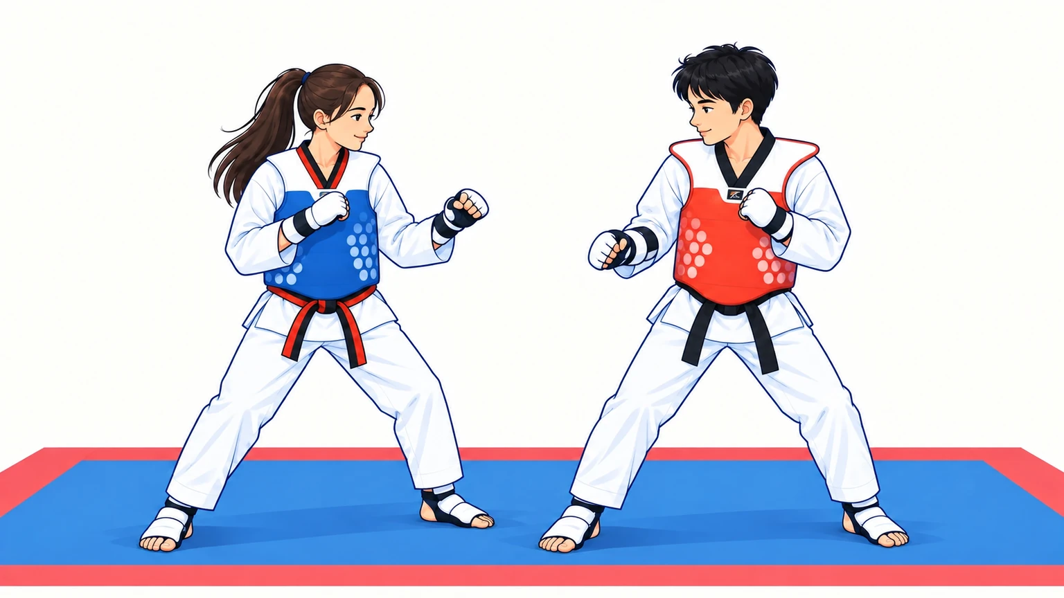 Zwei Jugendliche stehen sich mit roter und blauer Taekwondo-Schutzausrüstung kontrolliert gegenüber.