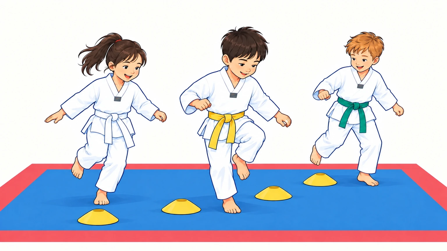 Drei Kinder bewegen sich in weißen Taekwondo-Anzügen durch einen Parcours aus gelben Trainingskegeln.