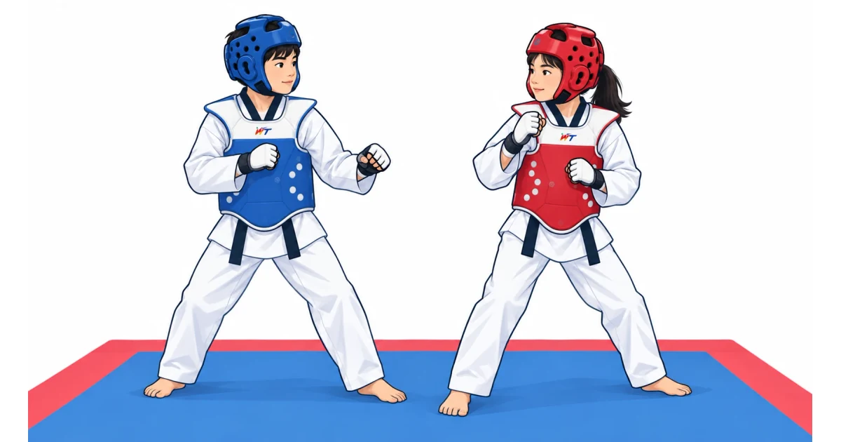Zwei Kinder tragen rote und blaue elektronische Schutzwesten und Helme im Taekwondo-Kyorugi.