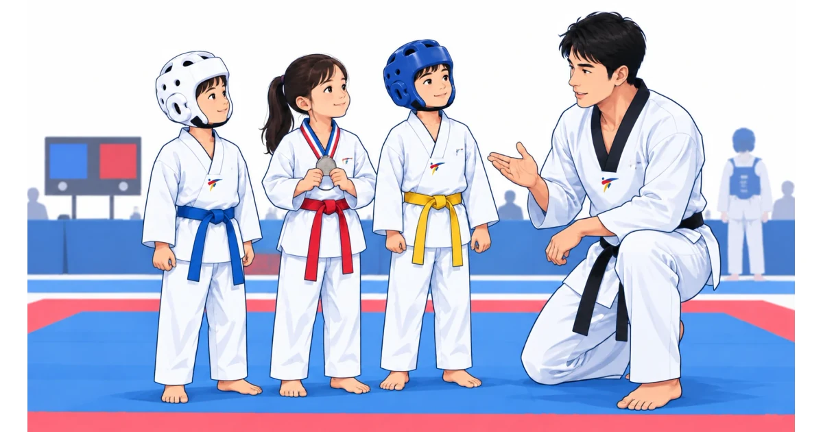Vor ihrem ersten Turnier sprechen drei Kinder mit ihrem Trainer; zwei von ihnen tragen Taekwondo-Kopfschützer.
