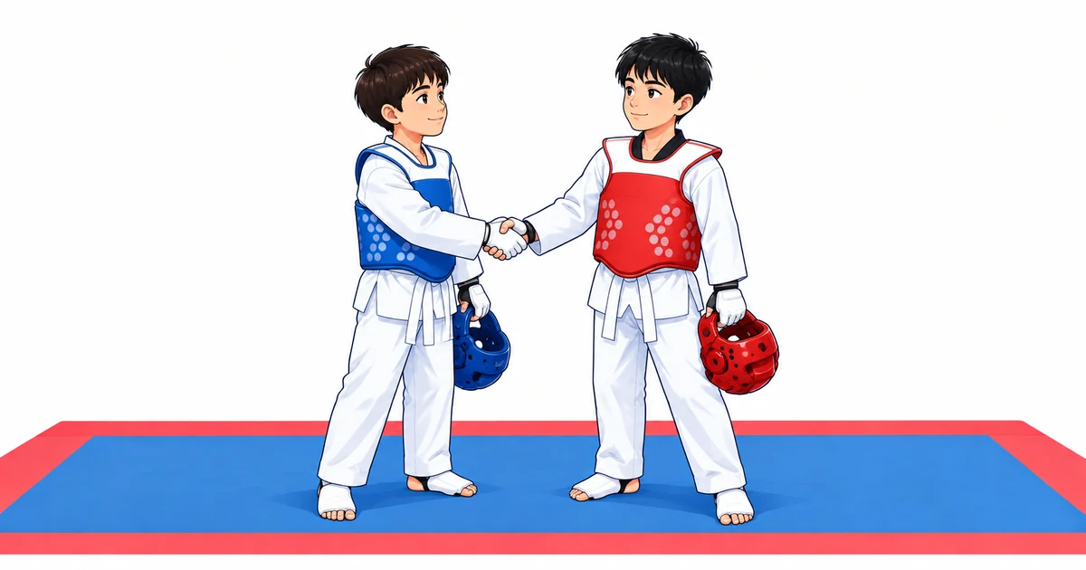 Zwei junge Taekwondo-Sportler geben sich nach dem Kampf respektvoll die Hand.