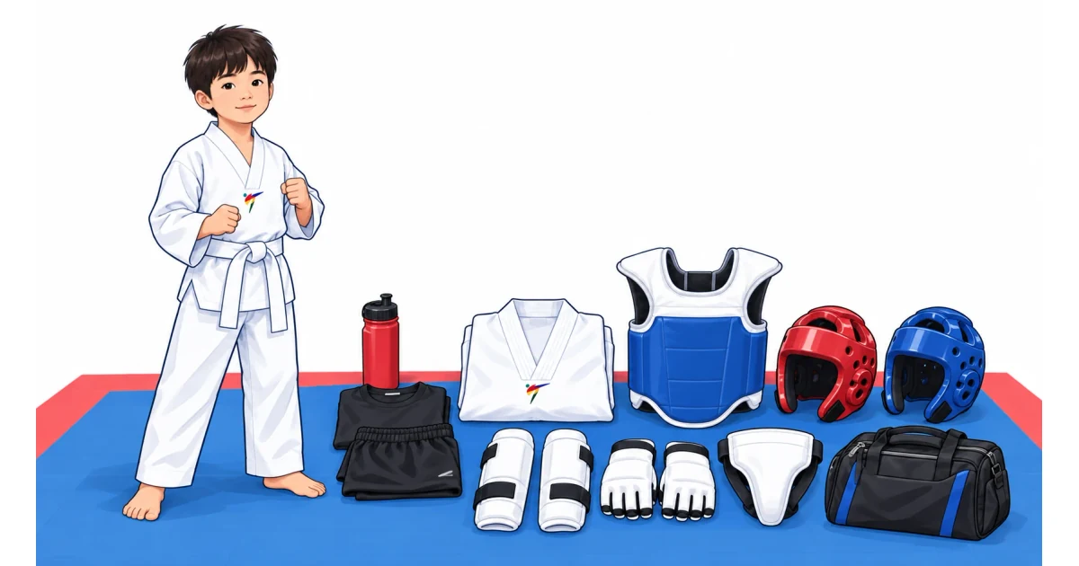 Kind im weißen WT-Dobok neben der schrittweise zusammengestellten Taekwondo-Ausrüstung.