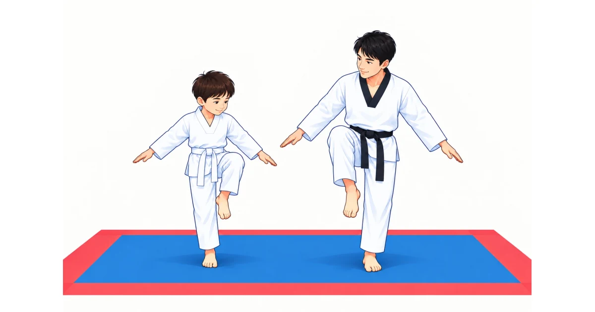 Ein Taekwondo-Trainer und ein Kind üben gemeinsam den sicheren Einbeinstand auf der Matte.