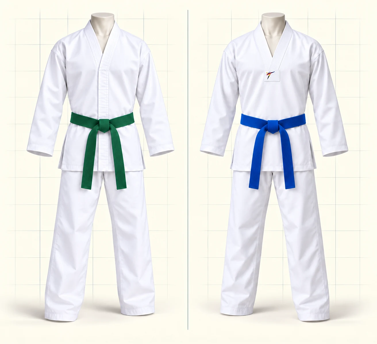 Vergleich eines ITF-Doboks mit geradem Mittelverschluss und eines WT-Kyorugi-Doboks mit V-Kragen.