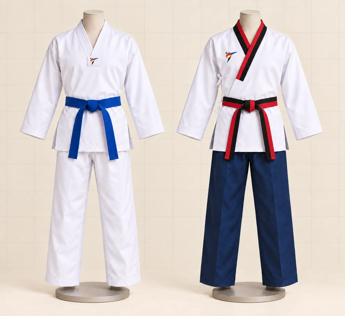 Vergleich eines WT-Kyorugi-Doboks mit einem Poomsae-Wettkampfdobok für männliche Kadetten.