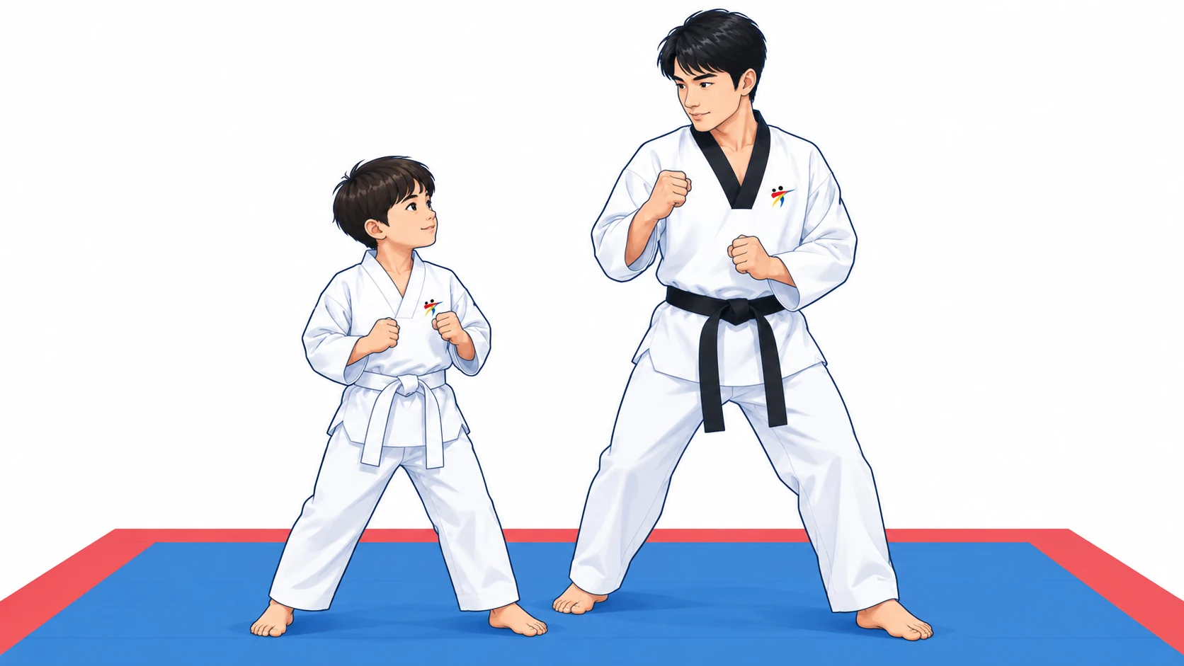 Kind mit weißem Gürtel übt neben einem Trainer mit schwarzem Gürtel auf der Taekwondo-Matte.
