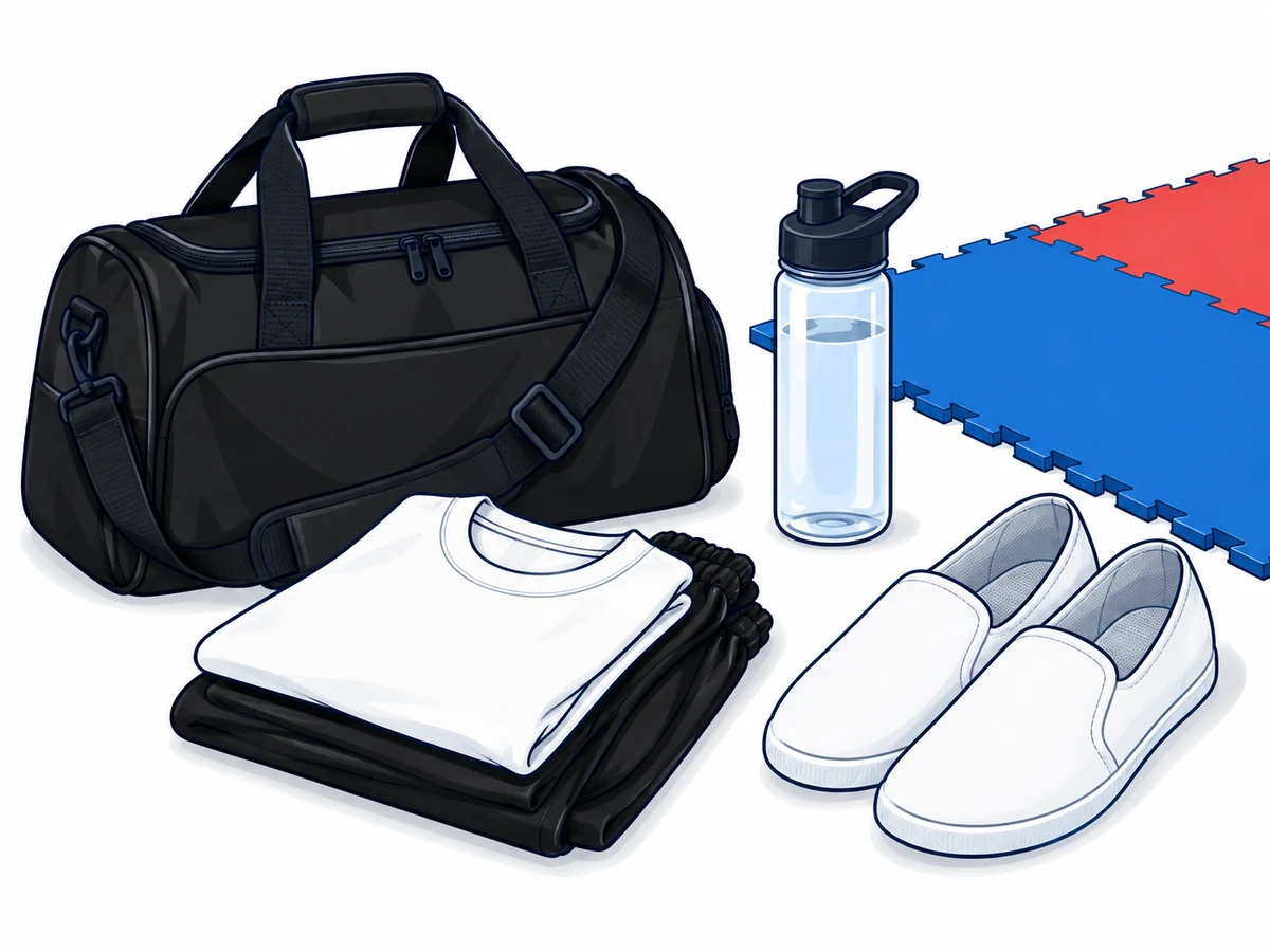 Sporttasche, Sportkleidung, Schlappen und Trinkflasche neben einer Taekwondo-Matte.