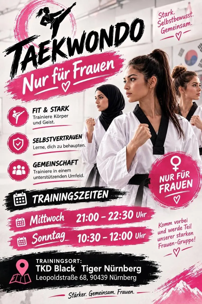 Werbeplakat für Taekwondo nur für Frauen mit drei Frauen im Dobok.